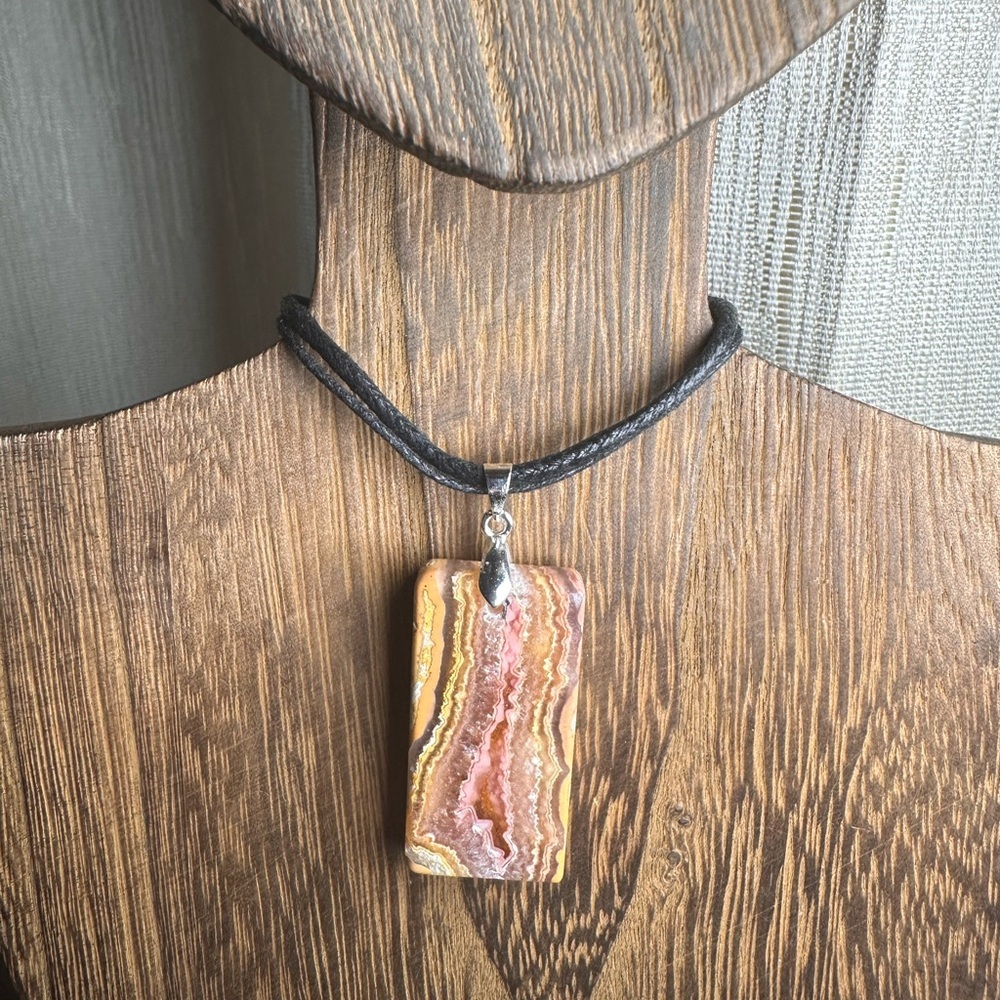 Crazy Lace Agate Rectangle Pendant Necklace on Black Rope - Picture 8 of 15